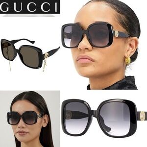 Gucci GG1029SA 001 Black Gold Chain Women Sunglasses Brown Grey Lens Large